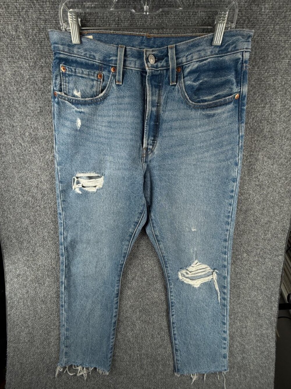 Levis Premium 501s Jeans Blue Denim Distressed Button Fly Women Straight Crop